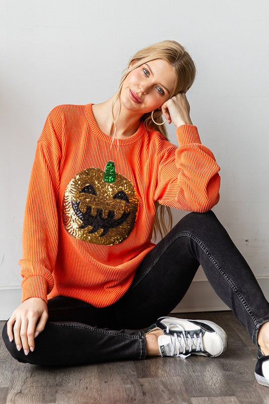 Pumpkin Fever-  Long Sleeve Sequin Pumpkin Top