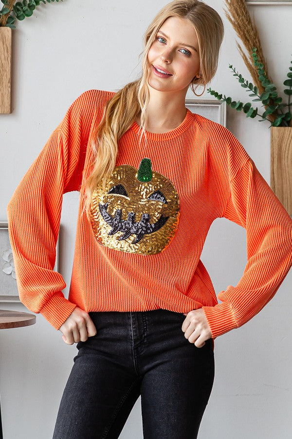 Pumpkin Fever-  Long Sleeve Sequin Pumpkin Top