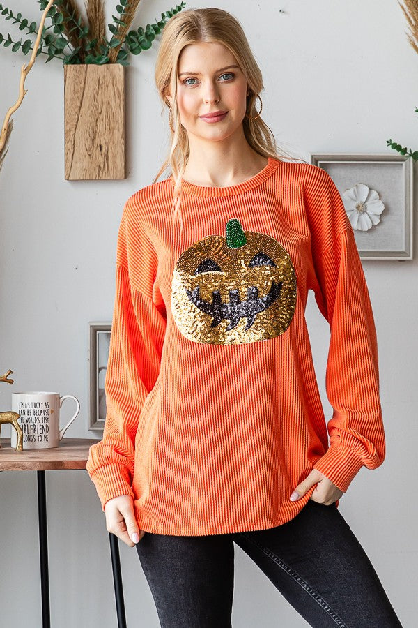 Pumpkin Fever-  Long Sleeve Sequin Pumpkin Top