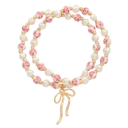 RIBBON BOW CERAMIC BEAD BRACELET SET, 84624