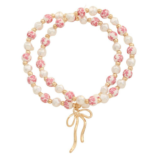 RIBBON BOW CERAMIC BEAD BRACELET SET, 84624