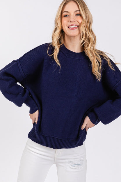 SOLID ROUND NECK PULLOVER SWEATER