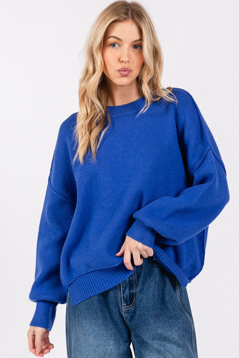 SOLID ROUND NECK PULLOVER SWEATER