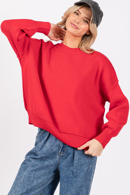 SOLID ROUND NECK PULLOVER SWEATER