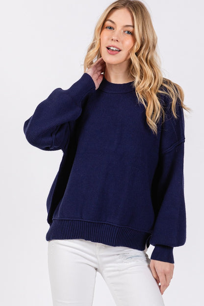 SOLID ROUND NECK PULLOVER SWEATER