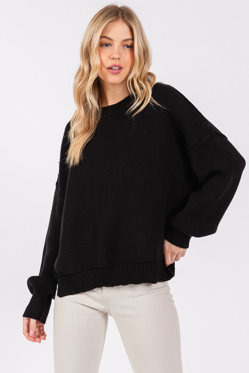 SOLID ROUND NECK PULLOVER SWEATER