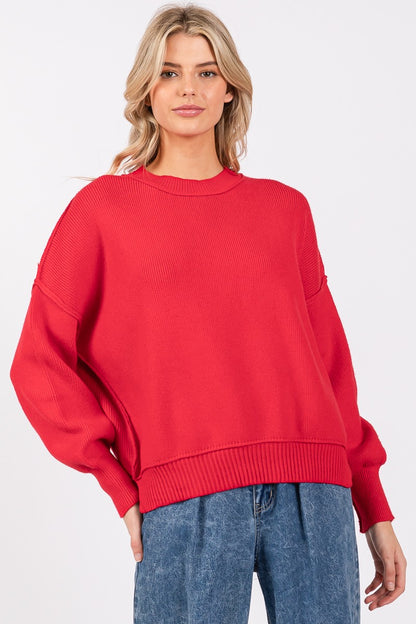 SOLID ROUND NECK PULLOVER SWEATER