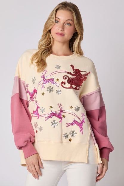 Sleigh RIde-Sequin Embroidery Color Block Sweatshirt