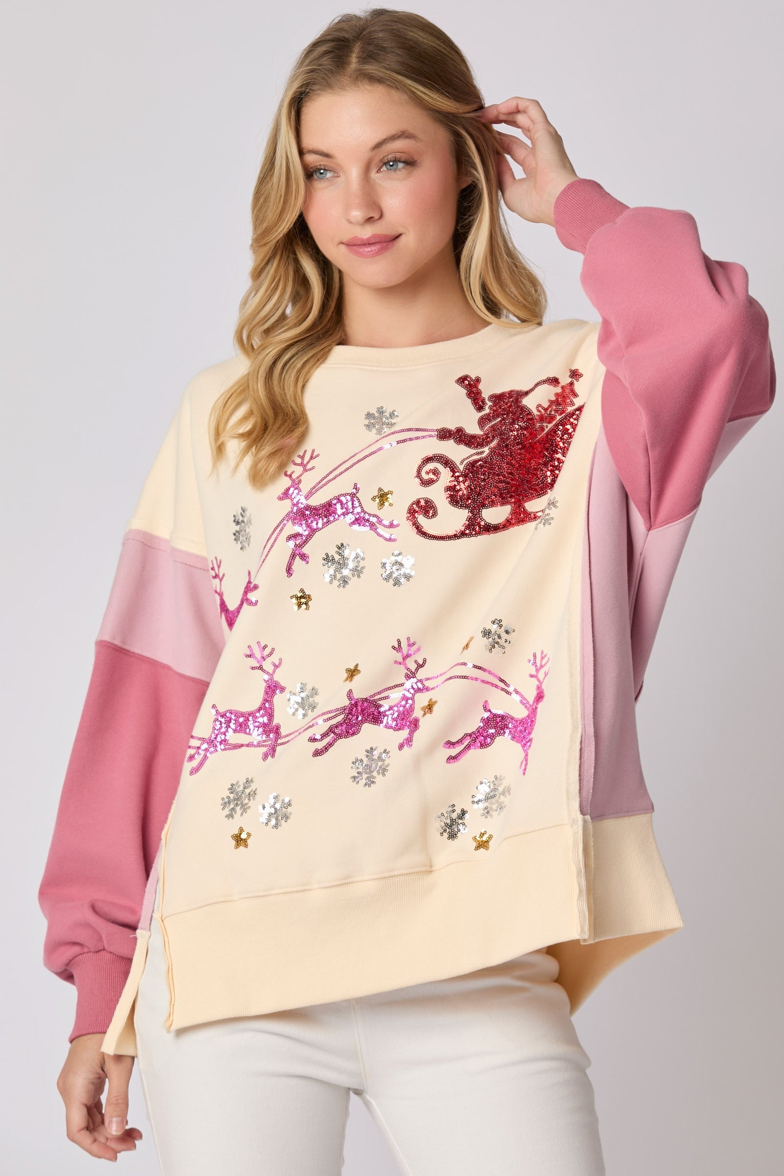 Sleigh RIde-Sequin Embroidery Color Block Sweatshirt