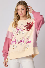 Sleigh RIde-Sequin Embroidery Color Block Sweatshirt