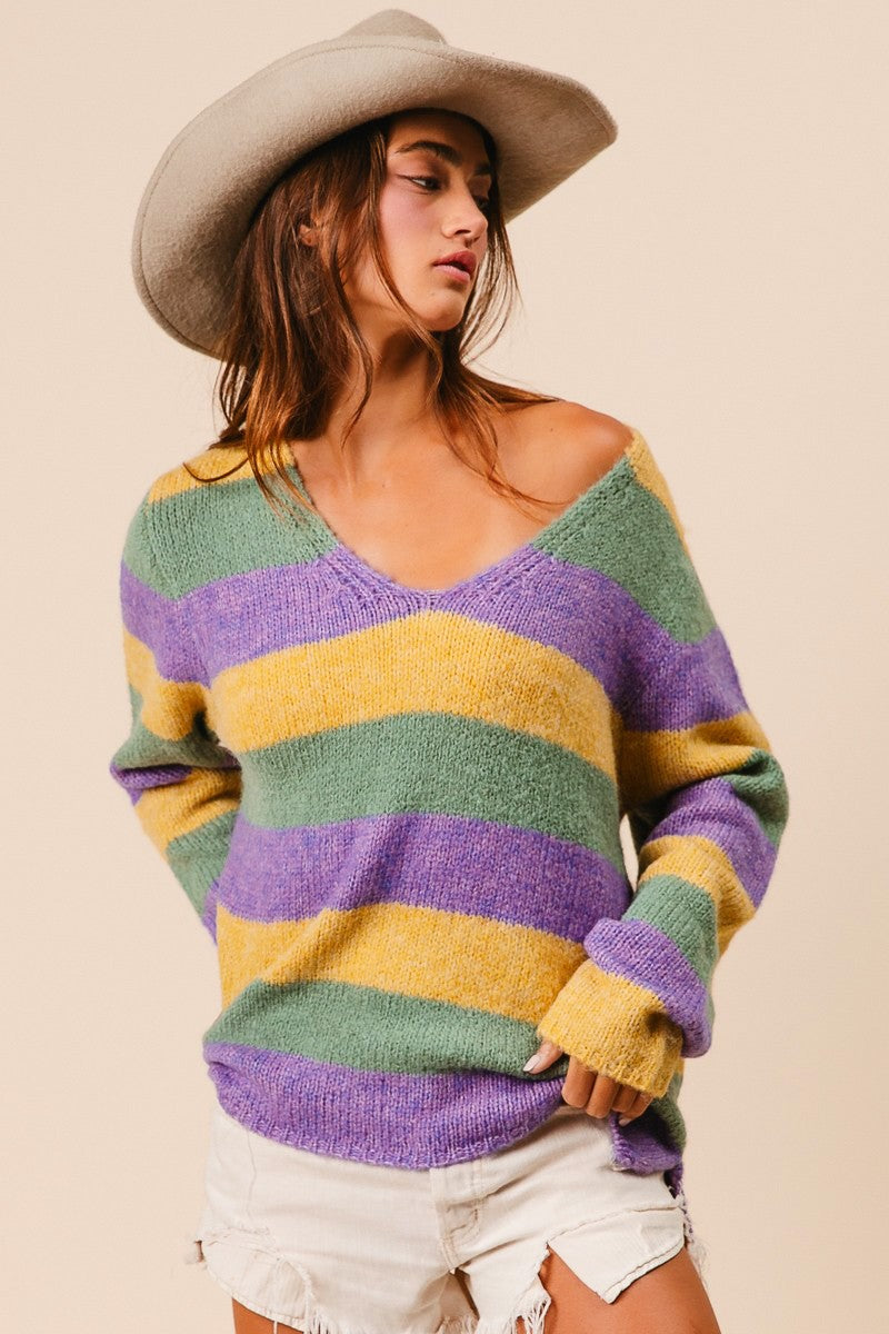 MARDI GRAS STRIPES V-Neck SWEATER