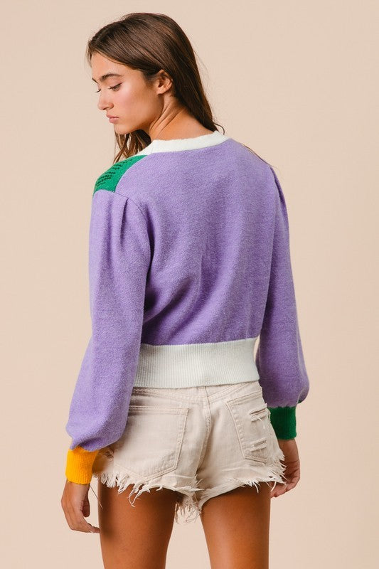 MARDI GRAS COLOR BLOCK SEQUIN SWEATER CARDIGAN