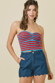 HIGH WAISTED DENIM SHORTS WITH SCALLOPED EDGE