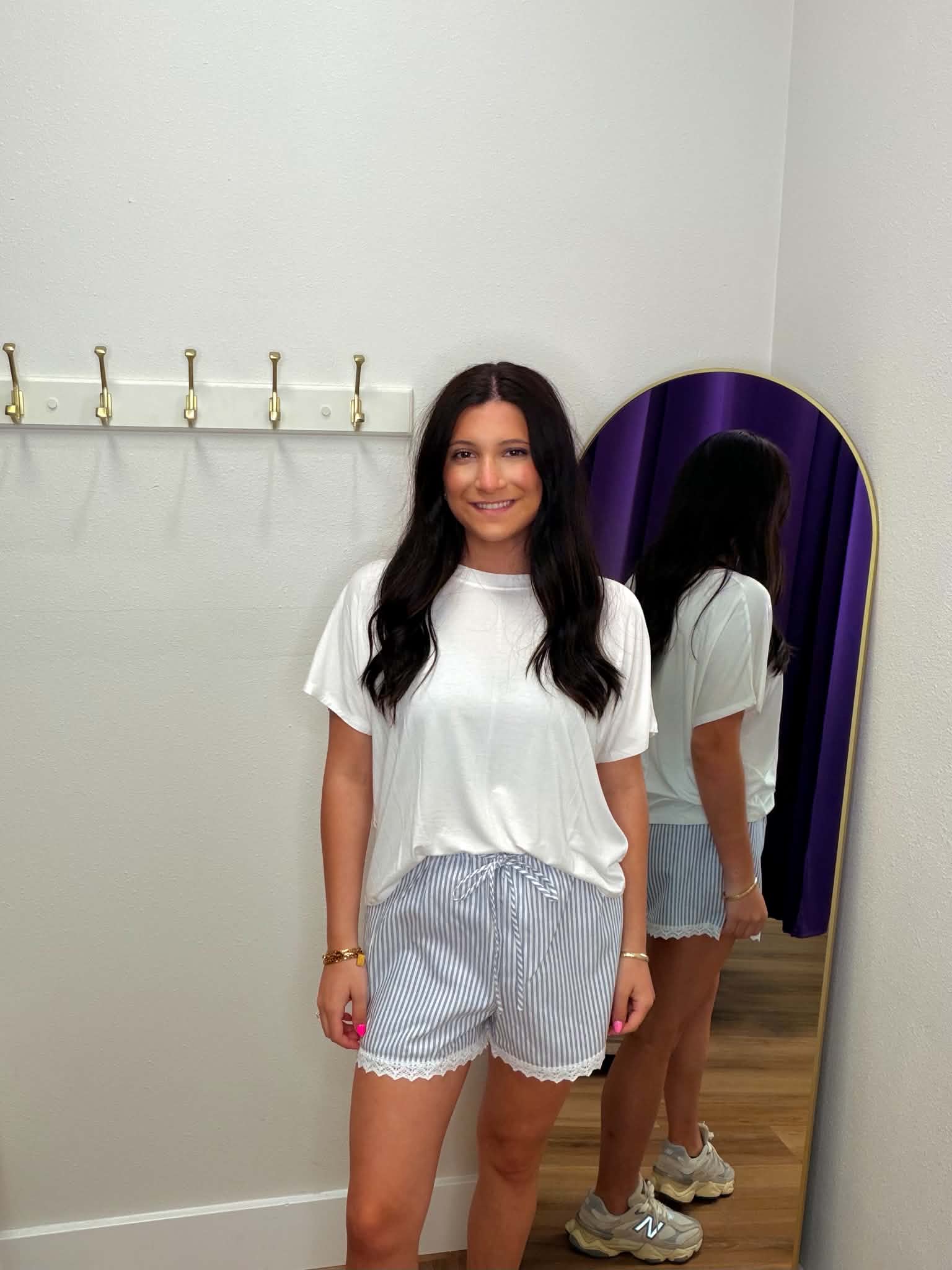 Striped Lace Trim Drawstring Shorts