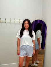Striped Lace Trim Drawstring Shorts