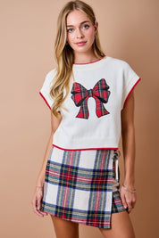 Christmas Sweater w/ Plaid Bow Appliqué
