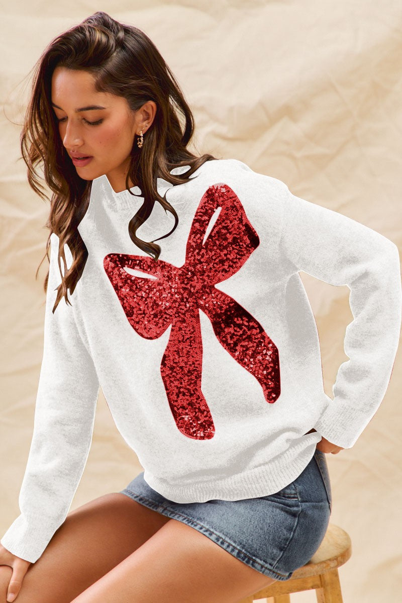 Big Sequins Ribbon Christmas Holiday Sweater Top
