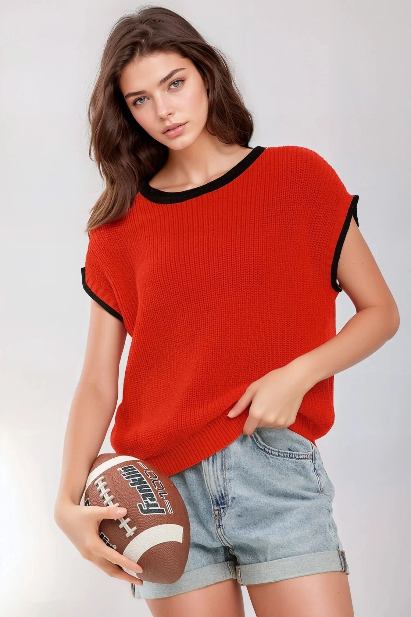 Rolled Contrast Sleeve Game Day Knit Top