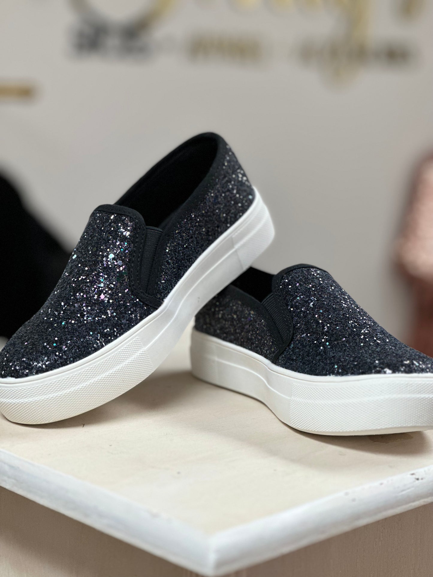 Higher Chunky Glitter Slip Ons - Black