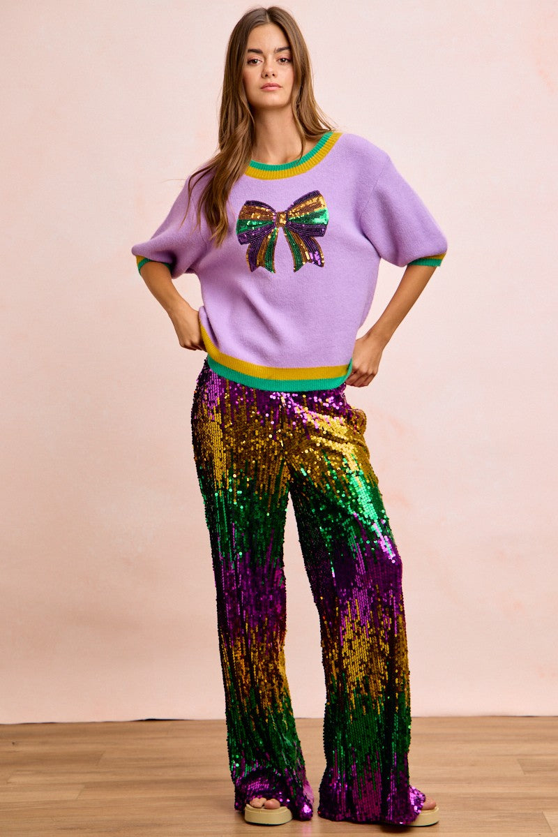 Mardi Gras Sequin Ribbon Patched Sweater Top