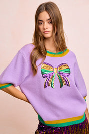 Mardi Gras Sequin Ribbon Patched Sweater Top