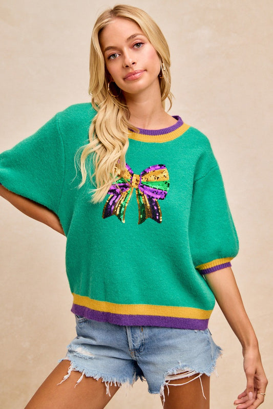 Mardi Gras Sequin Ribbon Patched Sweater Top