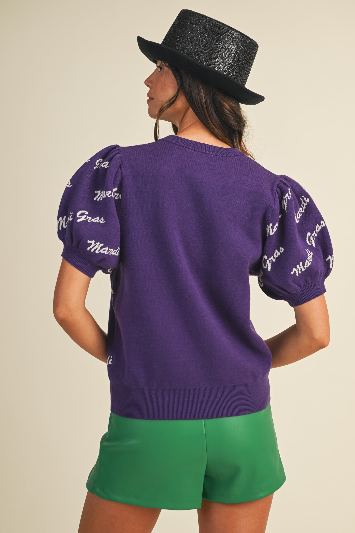 Wordy- Mardi Gras Lettering Short Puff Sleeve Sweater