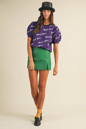Wordy- Mardi Gras Lettering Short Puff Sleeve Sweater