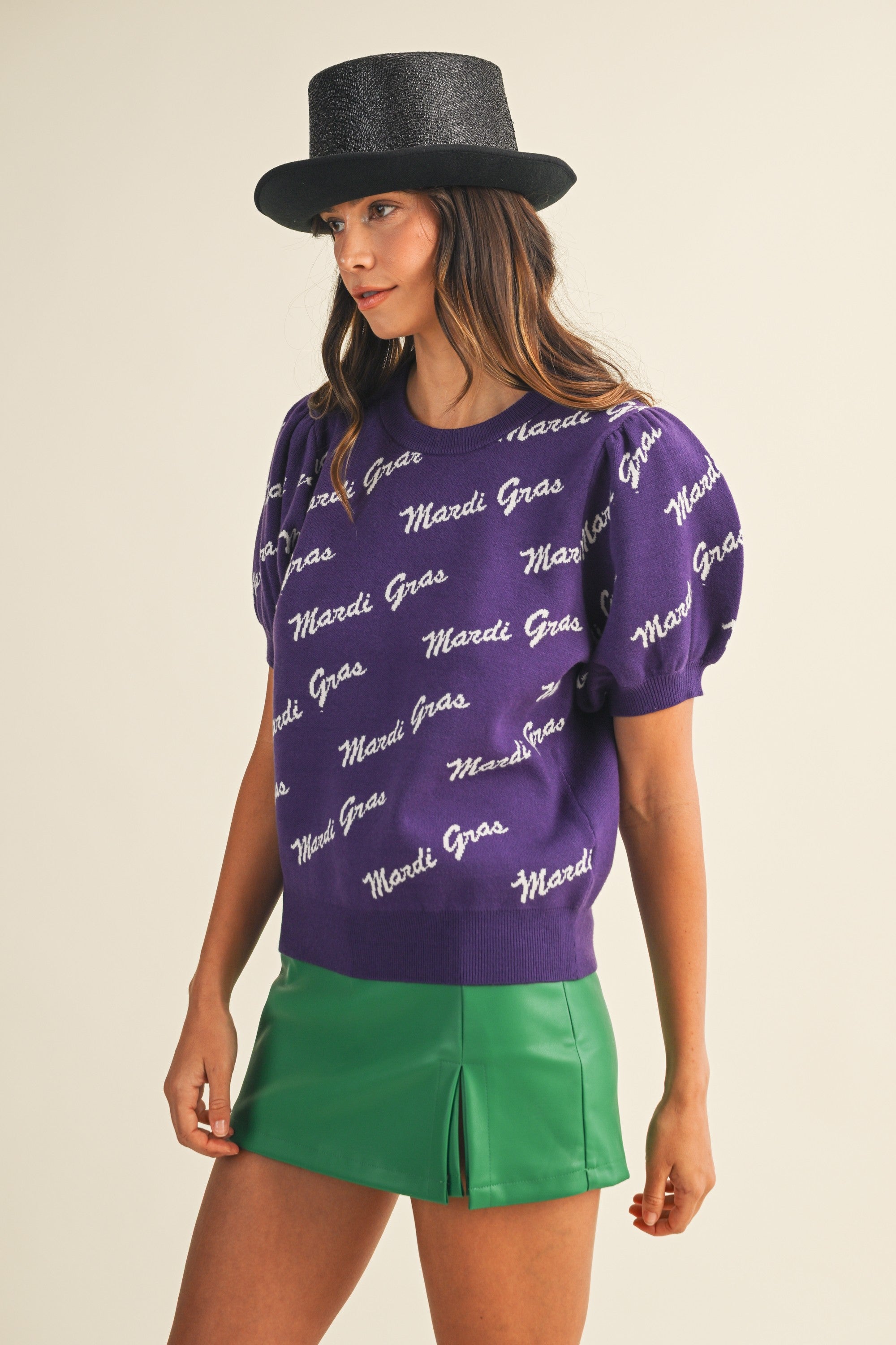 Wordy- Mardi Gras Lettering Short Puff Sleeve Sweater