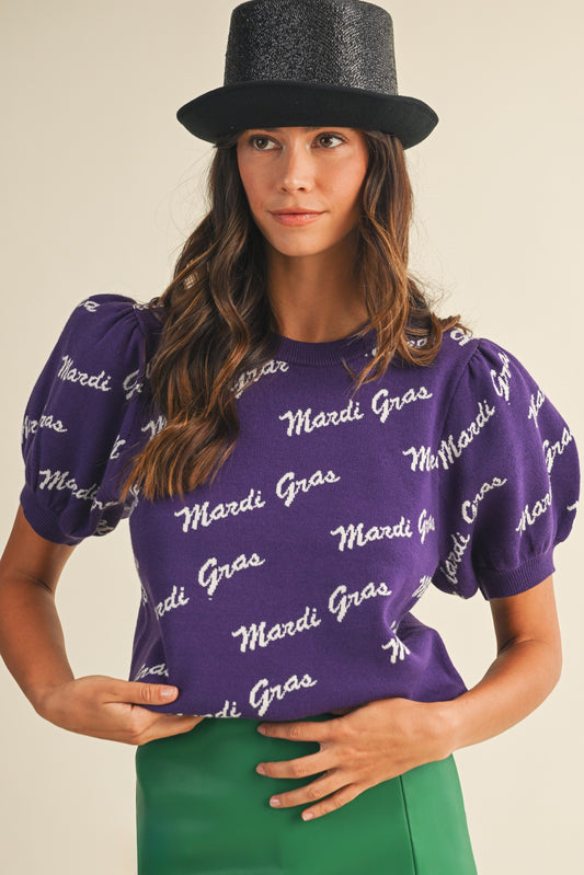 Wordy- Mardi Gras Lettering Short Puff Sleeve Sweater