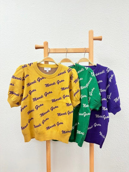 Wordy- Mardi Gras Lettering Short Puff Sleeve Sweater
