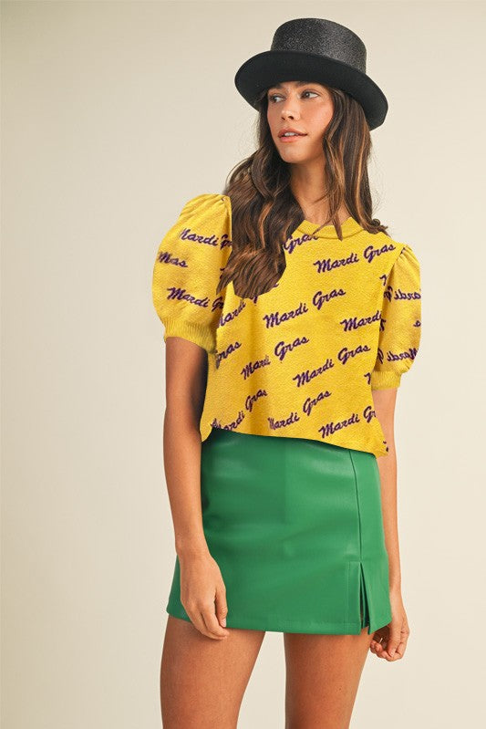 Wordy- Mardi Gras Lettering Short Puff Sleeve Sweater