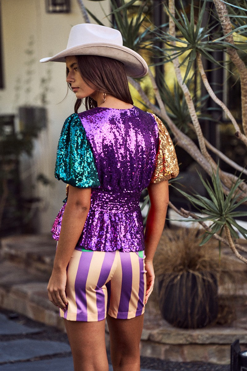 ENDYMION- Sequin Carnival Front Bows Mardi Gras Top