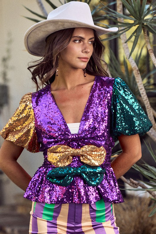 ENDYMION- Sequin Carnival Front Bows Mardi Gras Top