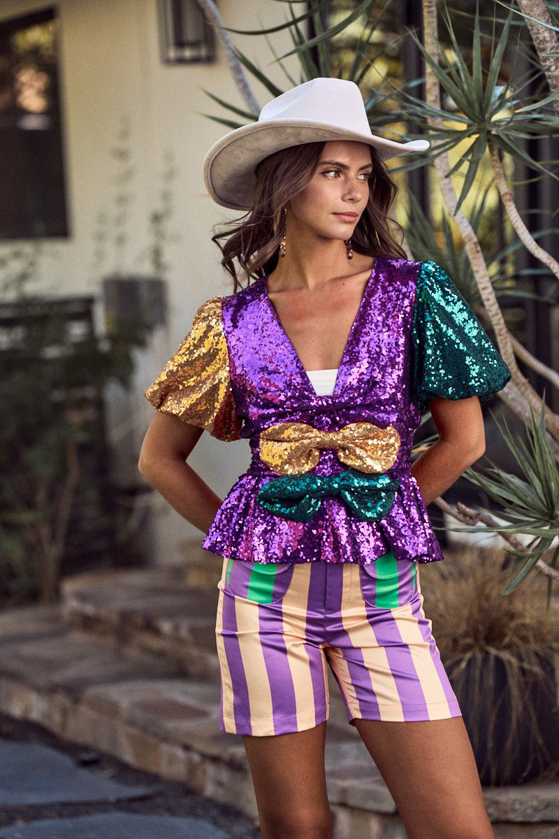 ENDYMION- Sequin Carnival Front Bows Mardi Gras Top