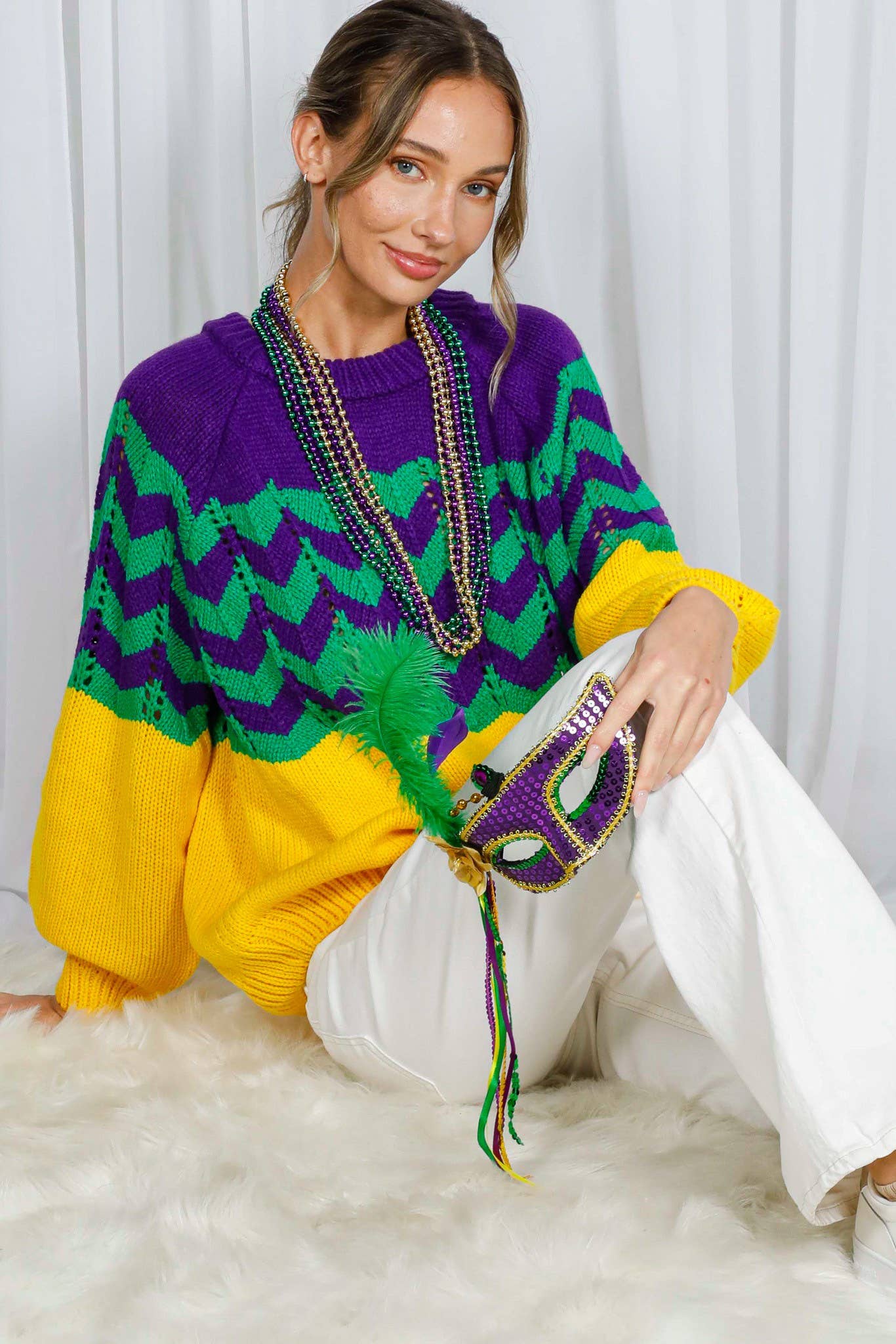 Holiday- Fair Isle Accent Mardi Gras Knitted Sweater