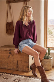 Henley Balloon Sleeve Sweater Top