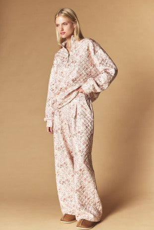 Floral Quilted Half Zip Pullover & Wide Leg Pants Set