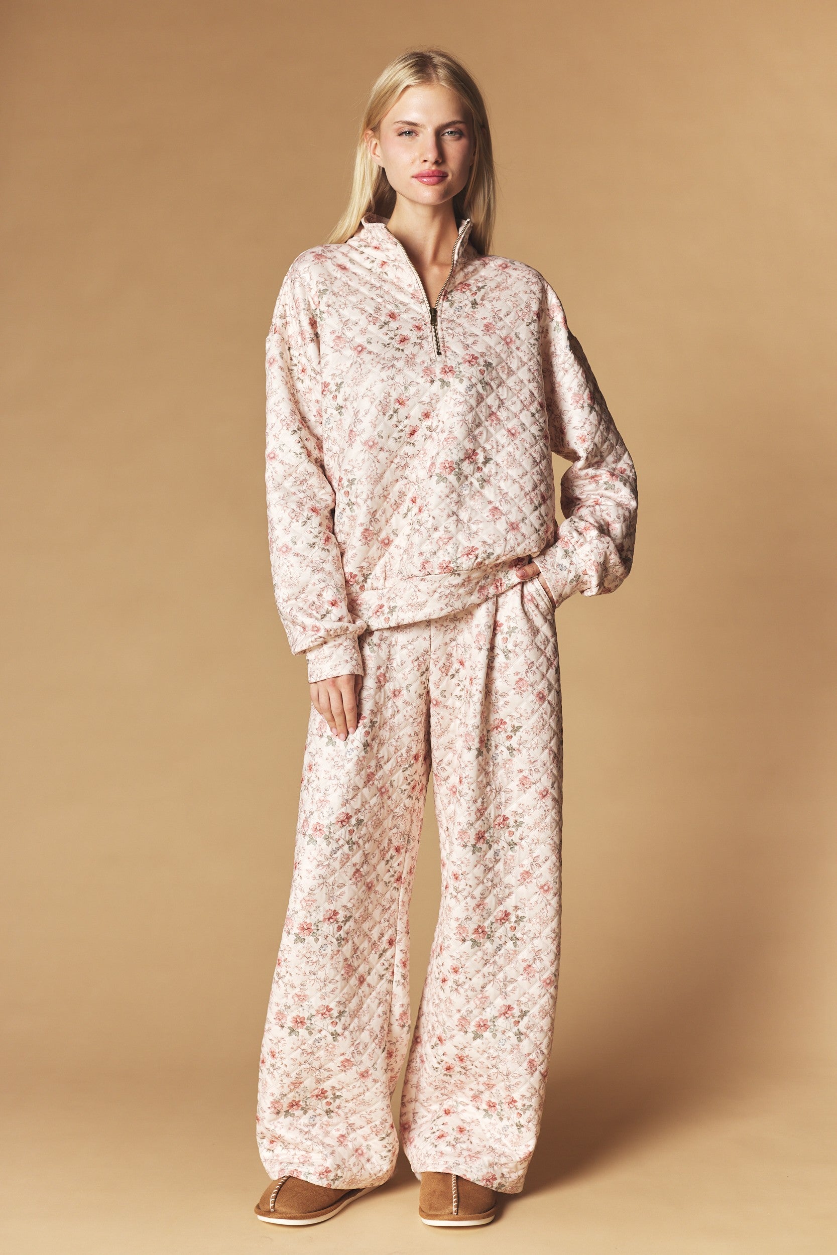 Floral Quilted Half Zip Pullover & Wide Leg Pants Set