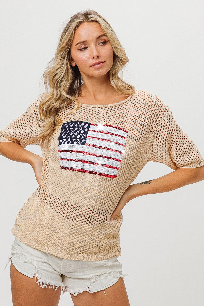 Sequin Flag Open Knit Top