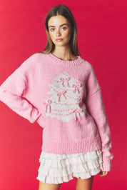 Bows & Mistletoe Pink Christmas Tree Sweater
