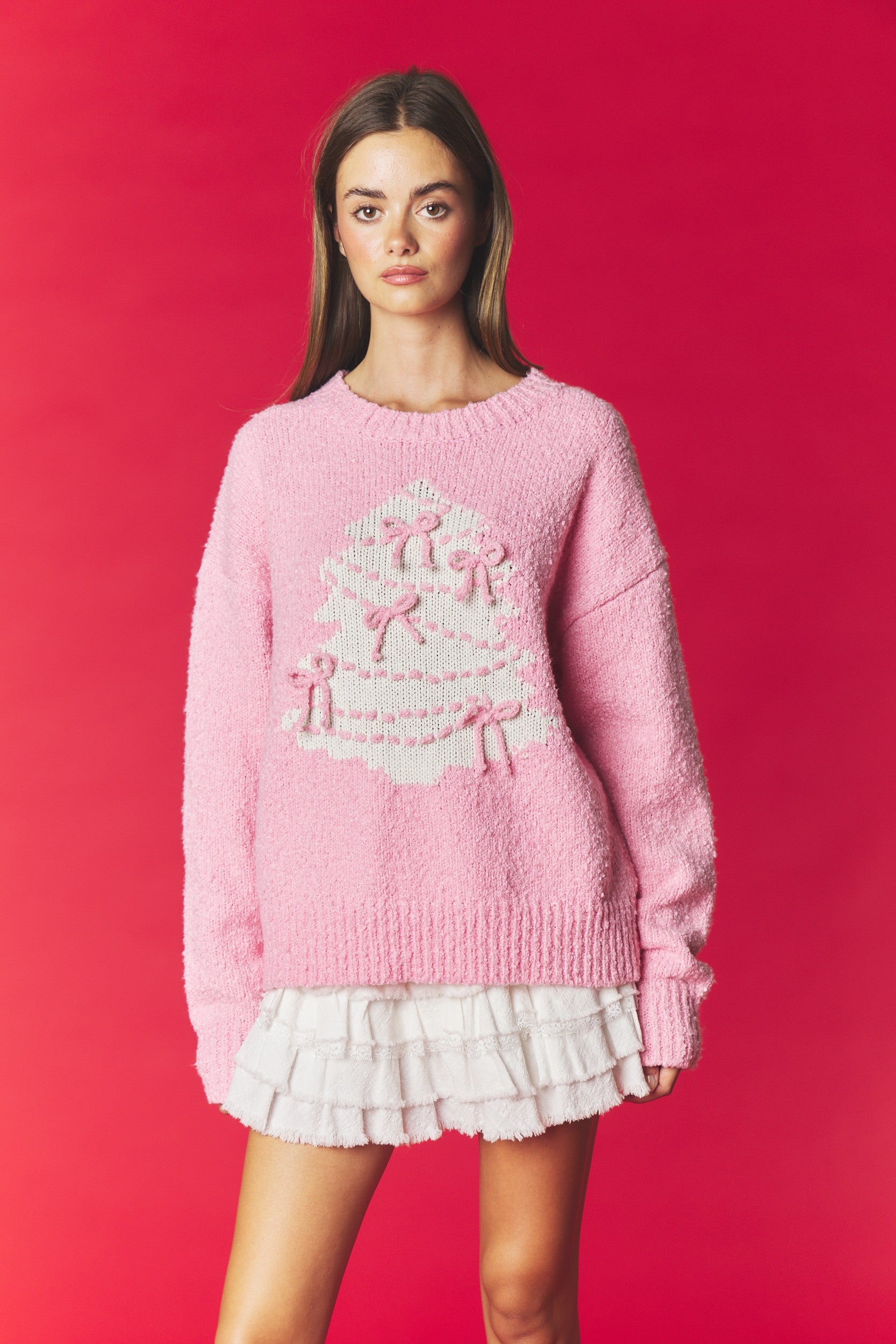 Bows & Mistletoe Pink Christmas Tree Sweater