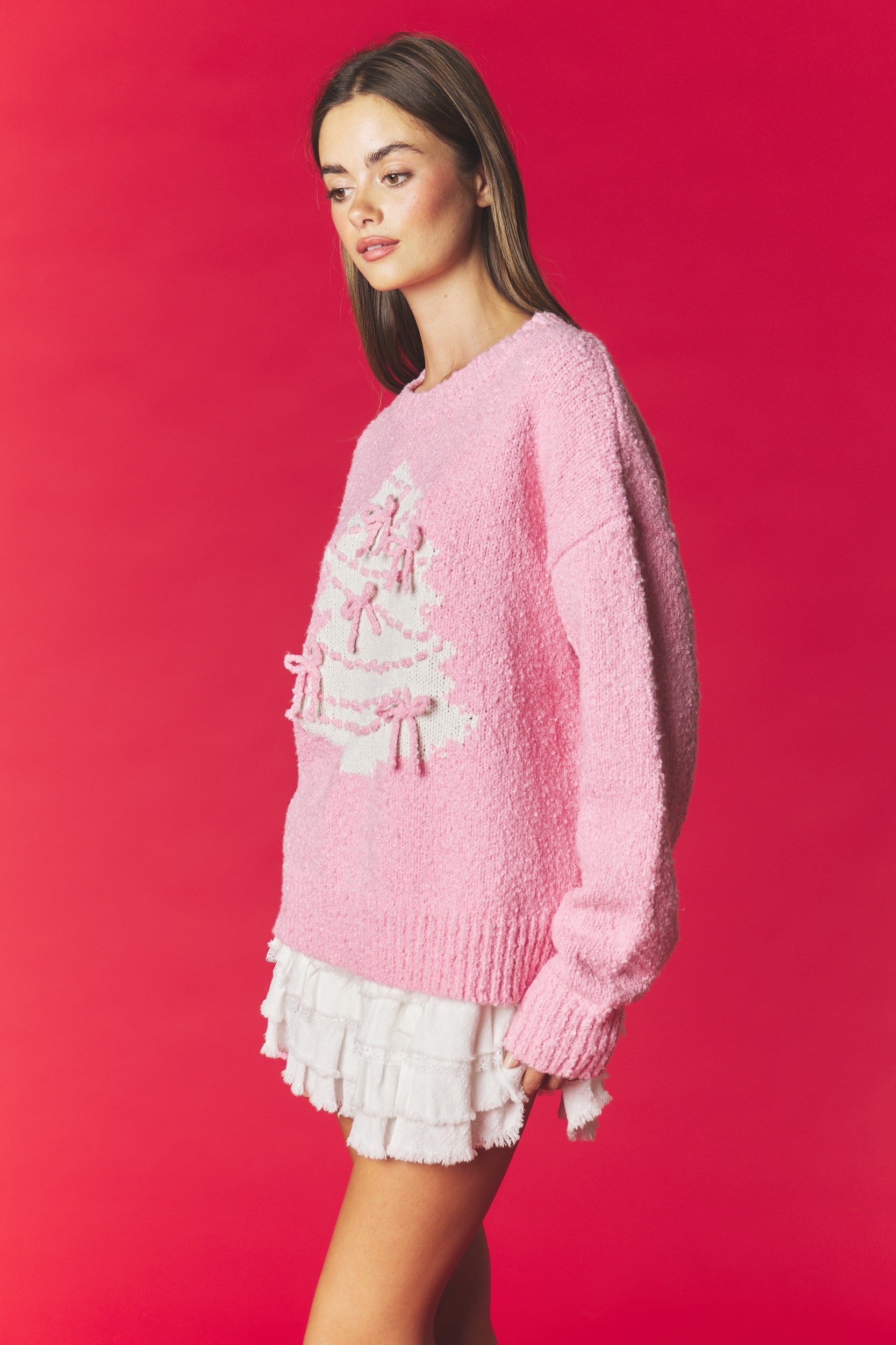 Bows & Mistletoe Pink Christmas Tree Sweater