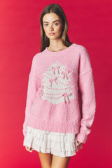 Bows & Mistletoe Pink Christmas Tree Sweater