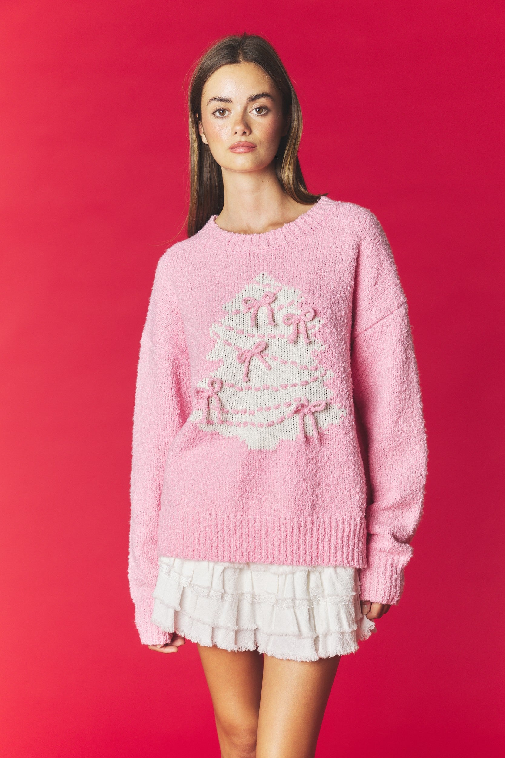 Bows & Mistletoe Pink Christmas Tree Sweater