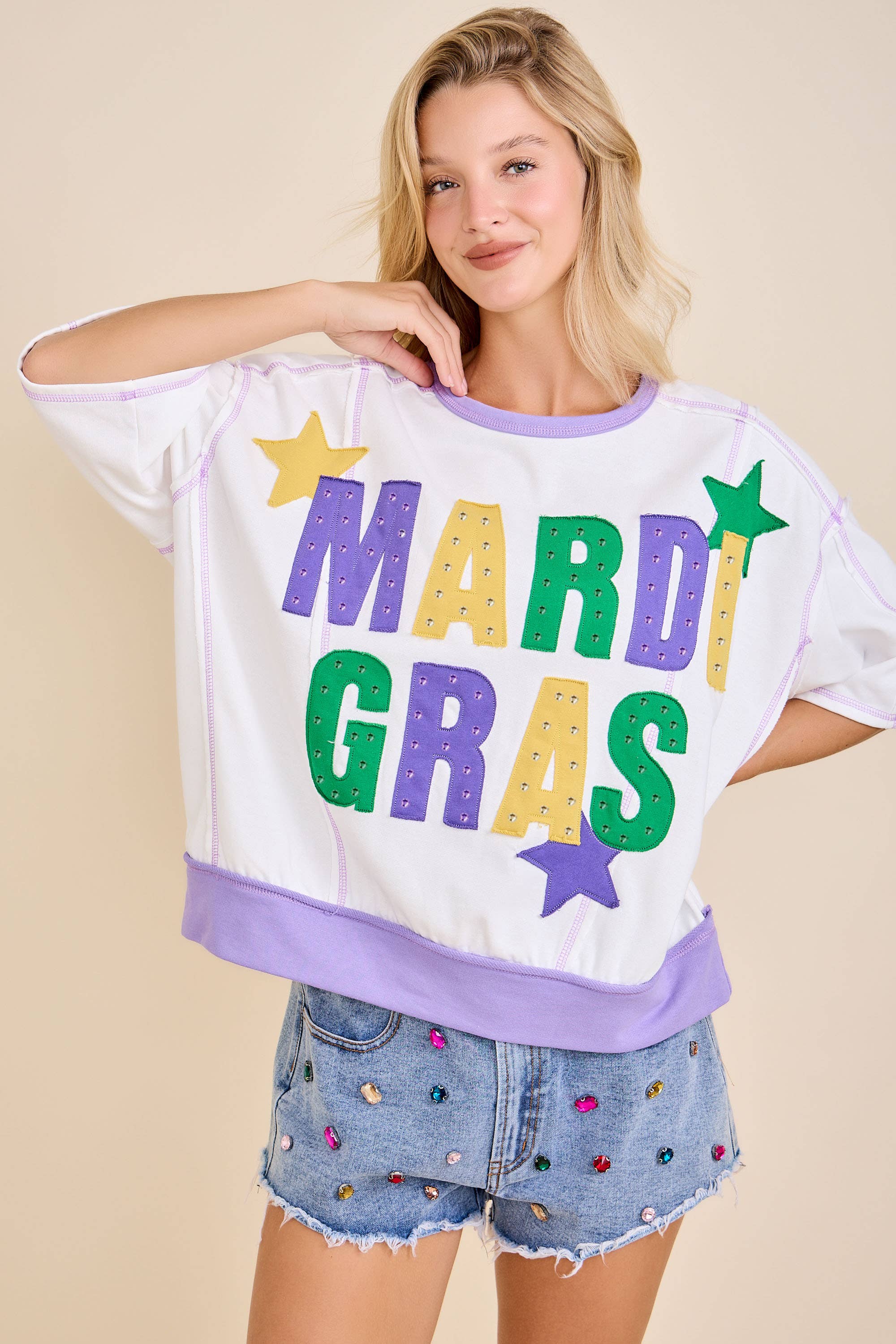 In the words- Mardi Gras Color Block Rhinestone Sweatshirt
