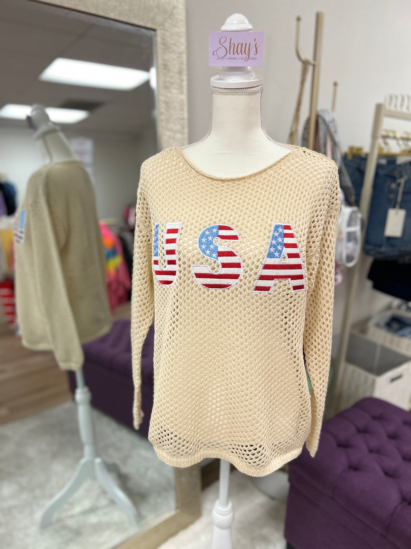 USA Flag Letter Open Knit Top