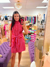Ruffle Neck Sleeveless Waist Tie Detail Stripe Dress
