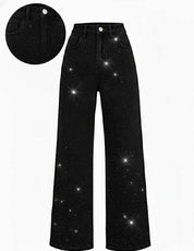 Shiny Rhinestone Wide-Leg Jeans