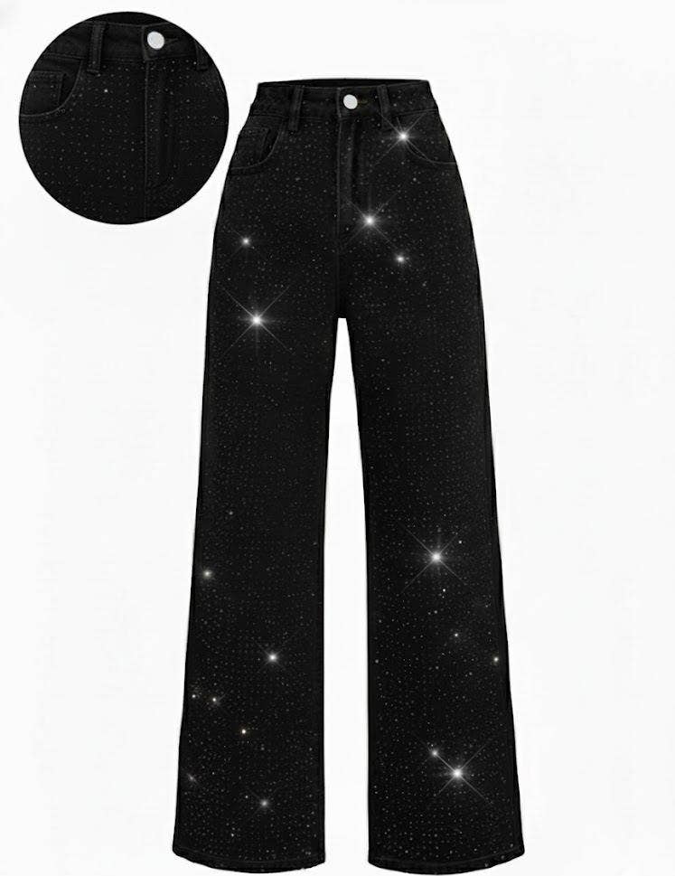 Shiny Rhinestone Wide-Leg Jeans